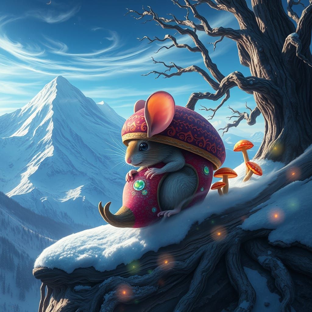 Mouse in Acorn Sleigh Rides Down Majestic Mountain