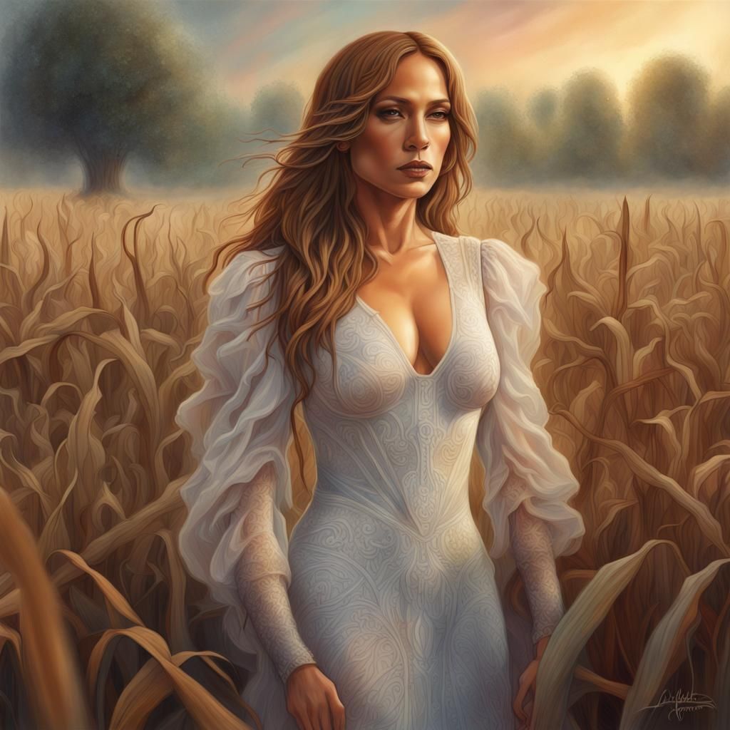 Woman in White Dress in Cornfield, Ethereal Art