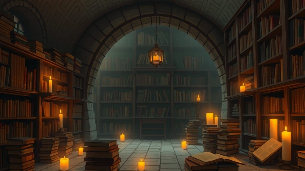 Ancient Underground Library in Animated Style