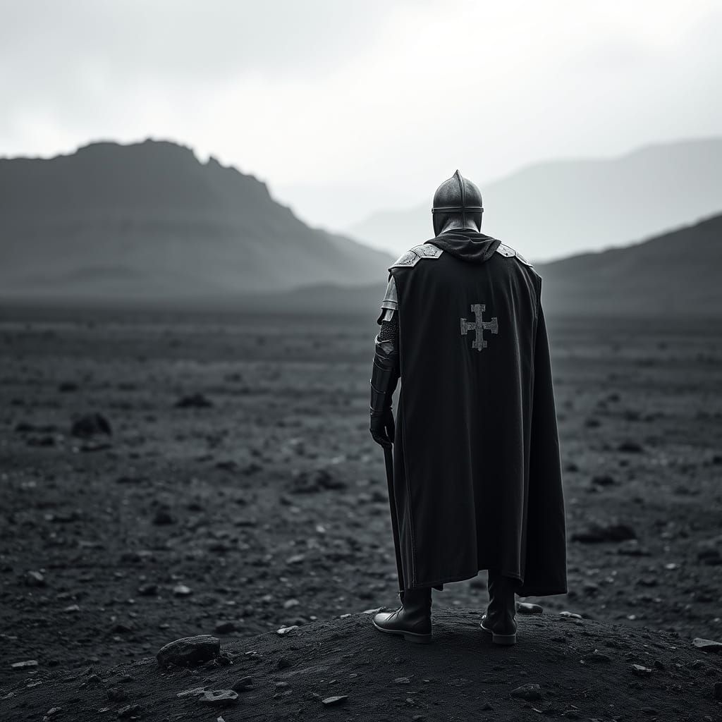 A Lone Knight Templar in Desolate Monochromatic Landscape