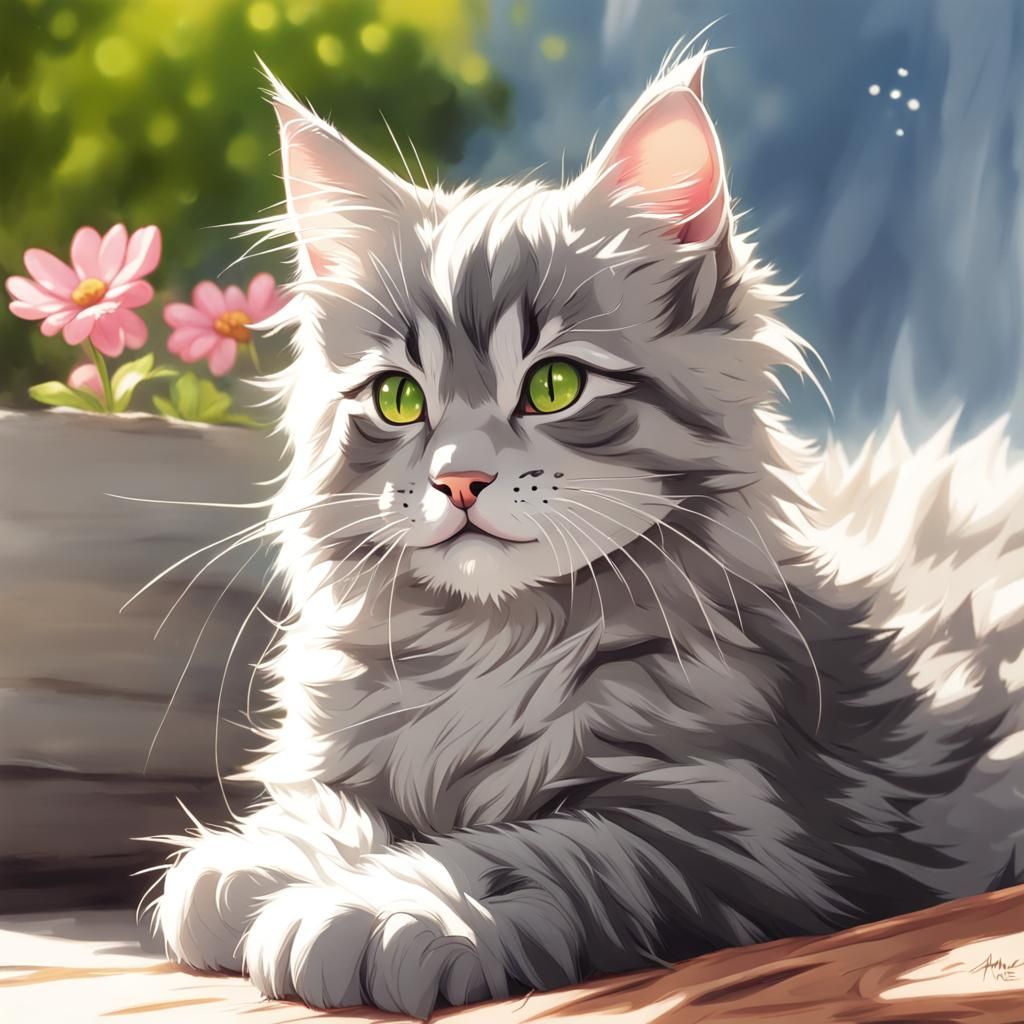 Grey Maine Coon Kitten in Anime Style