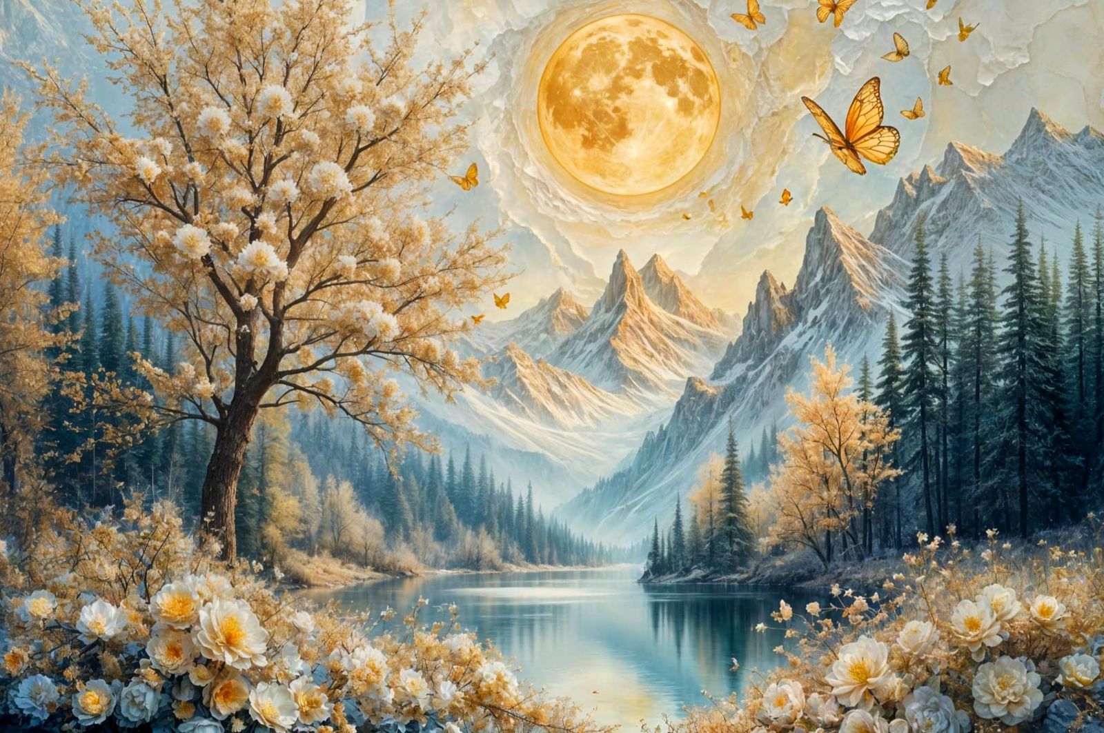 Ethereal White Almond Blossom Trees in Misty Mountain Landsc...