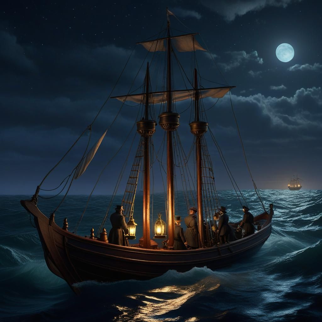 Night Rescue at Sea in Pointillist Style