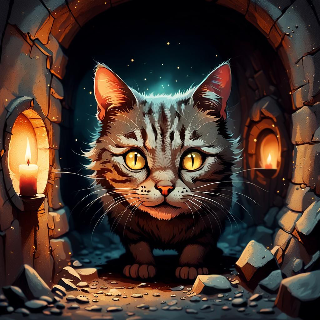 Frightened Cat in Mouse Hole: Whimsical Concept Art