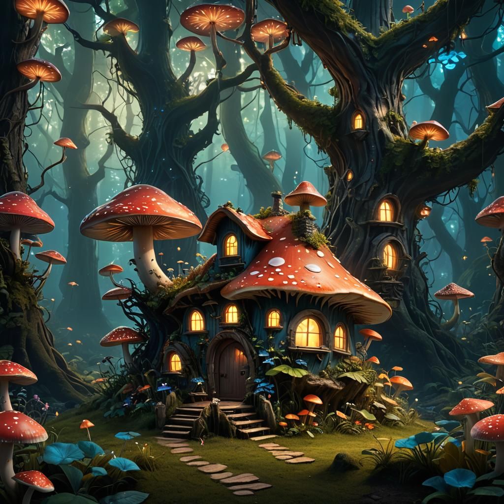 Enchanted Bioluminescent Forest: Fairy Mushroom House