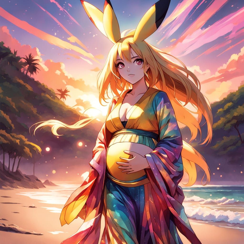 Confident Pregnant Pikachu in Vibrant Anime Style Beachwear