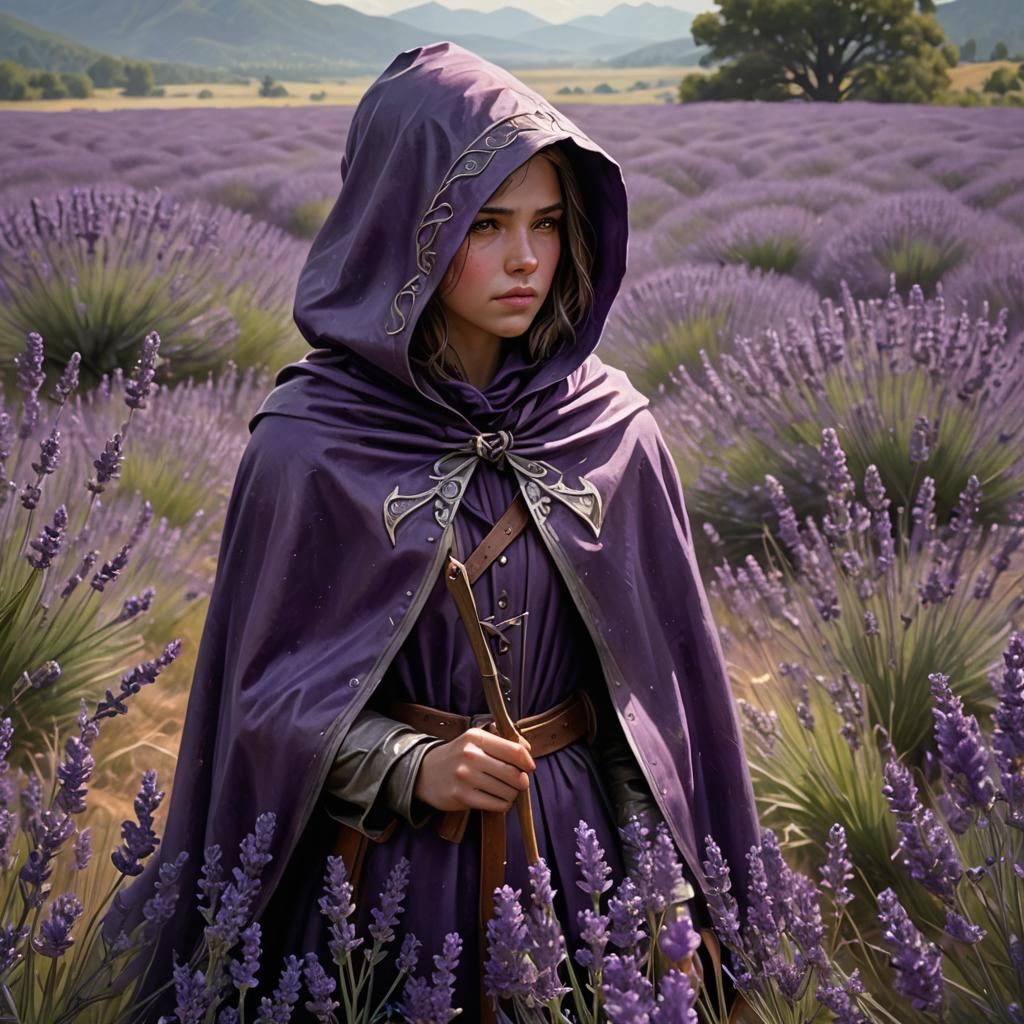 Young Ranger Girl in Lavender Field, Detailed Matte Painting
