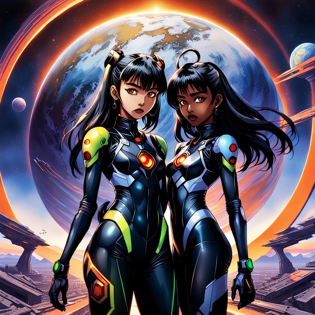 Surreal Cyberpunk Goddesses Amidst Jupiter's Glory