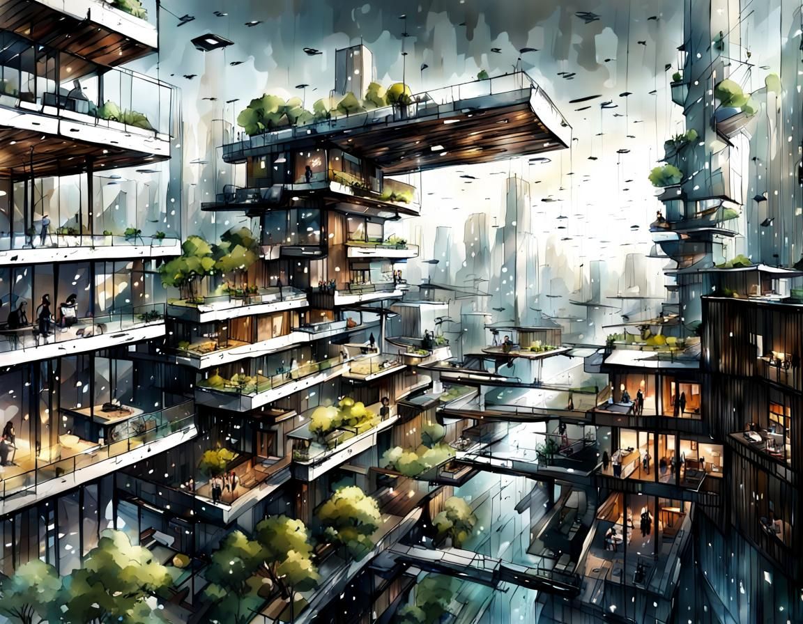 Ecological Futuristic City in Hyperdetailed Charcoal Drawing