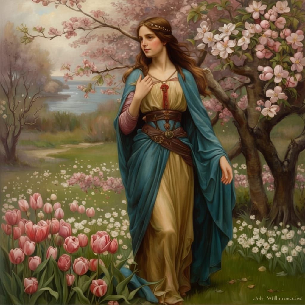 Medieval Maiden in Spring, Pre-Raphaelite Style