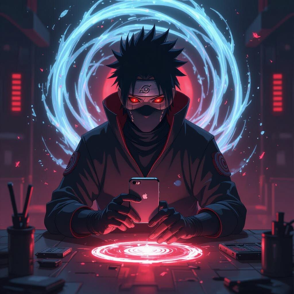Anime Obito Repairs Futuristic iPhone with Sharingan