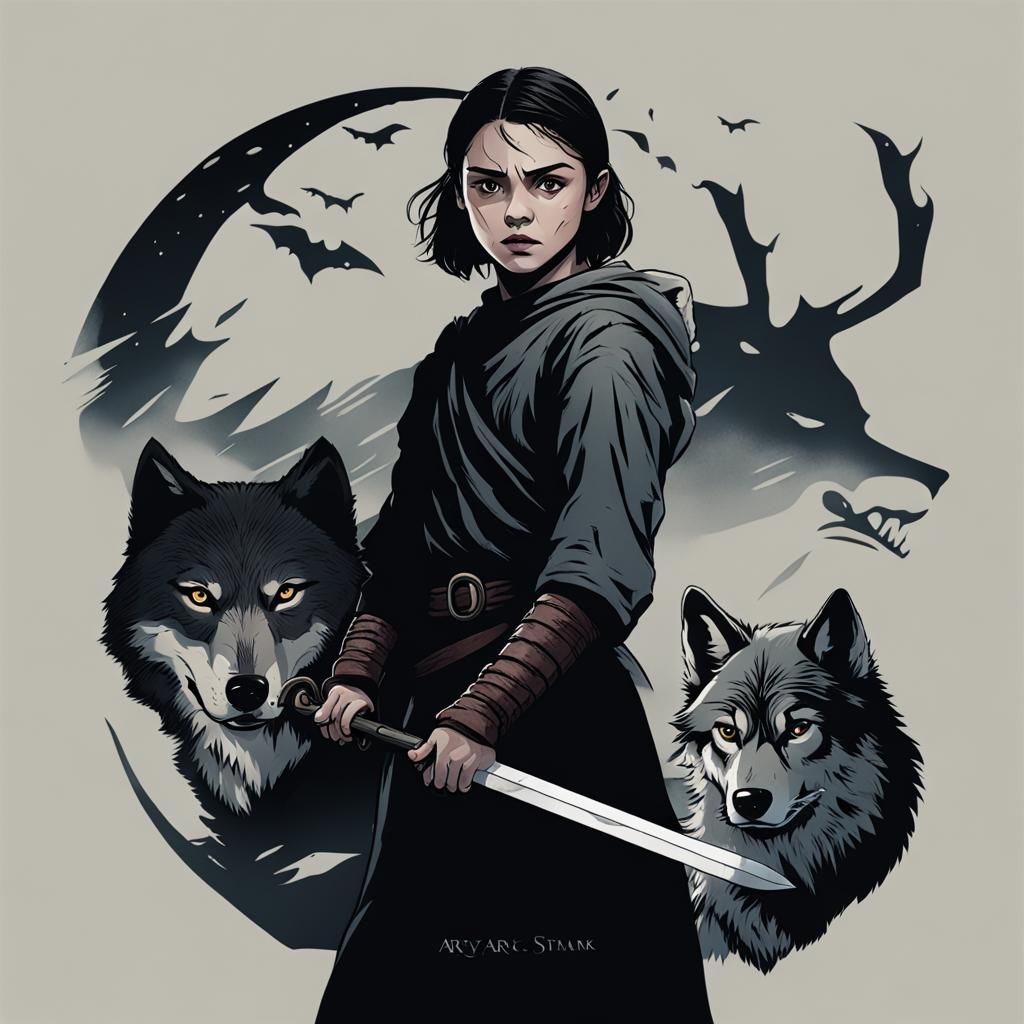 Arya Stark with Sword and Direwolf