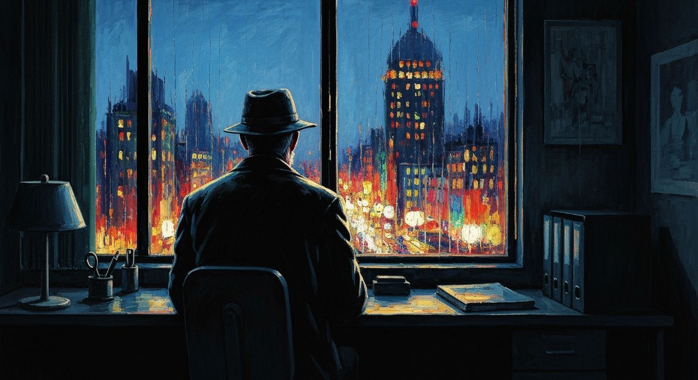 Detective Contemplating Expressionist Cityscape in Rain