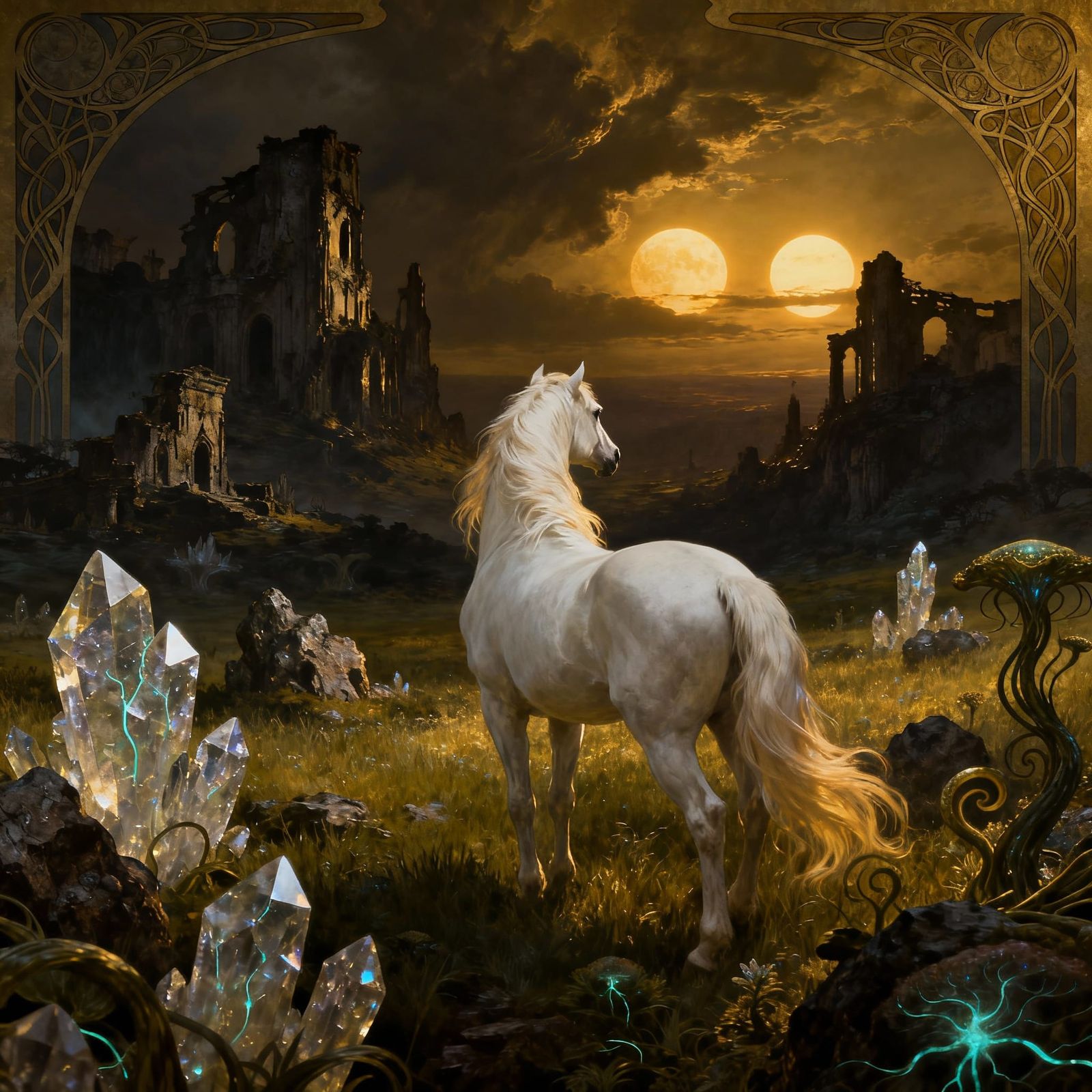 White Stallion Gazes at Twin Suns in Mysterious Landscape