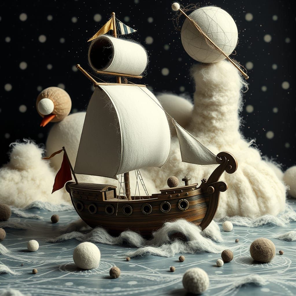 Surreal Sailing Ship in Polka Dot Dreamscape