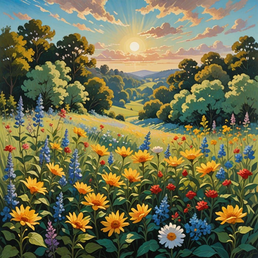 Majestic Morning Scene in Vibrant Gouache Style
