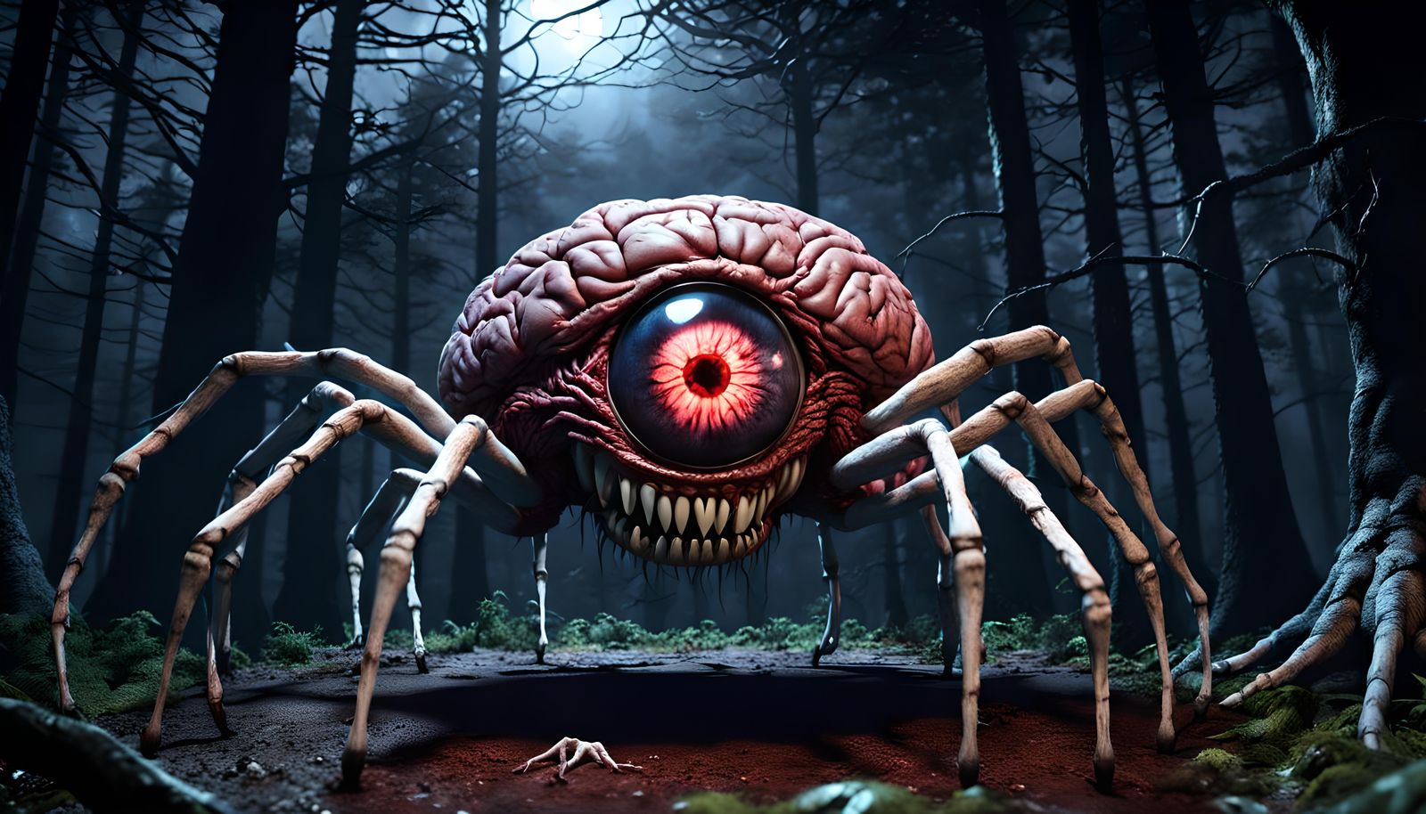 Creepy Eyeball Monster in Dark Forest, Horror Concept