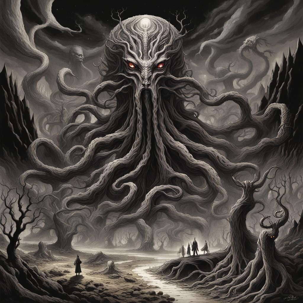 Nightmarish Deity in a Dystopian Landscape