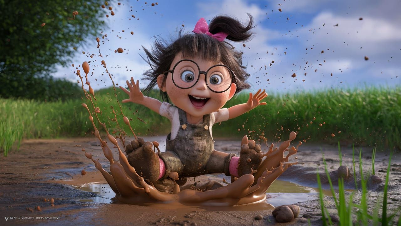 Pixar Girl Splashing in Mud: A Joyful 3D Cartoon
