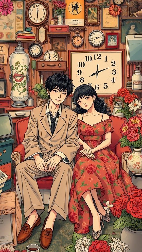 Japanese Couple in Whimsical Comic Style Room
