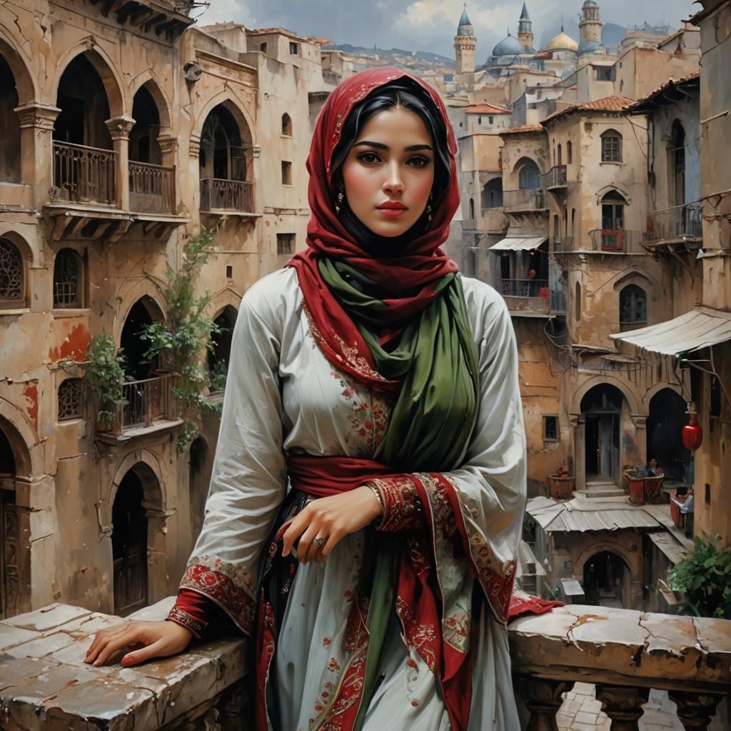 beautiful female wearing hijab in casbah, dark hair, natural...