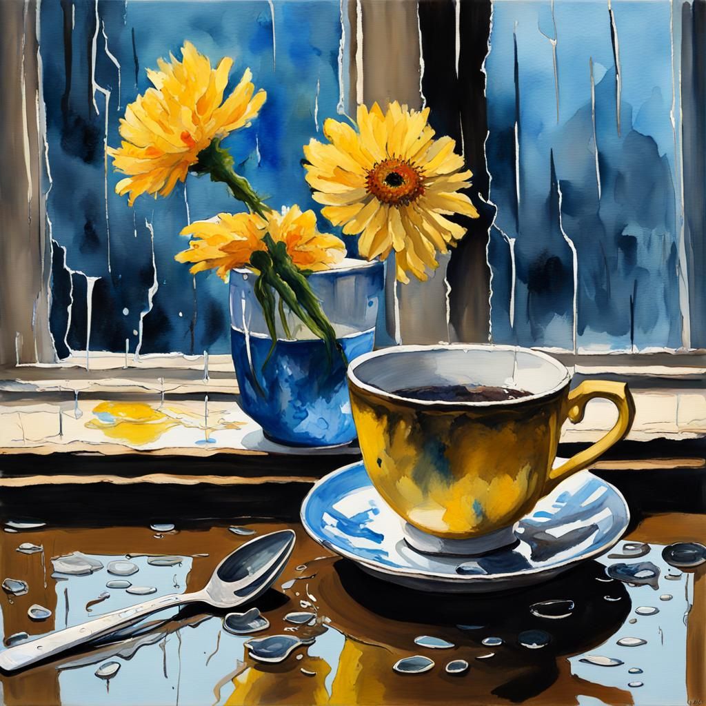 Smashed Teacup in Gouache Watercolor Style