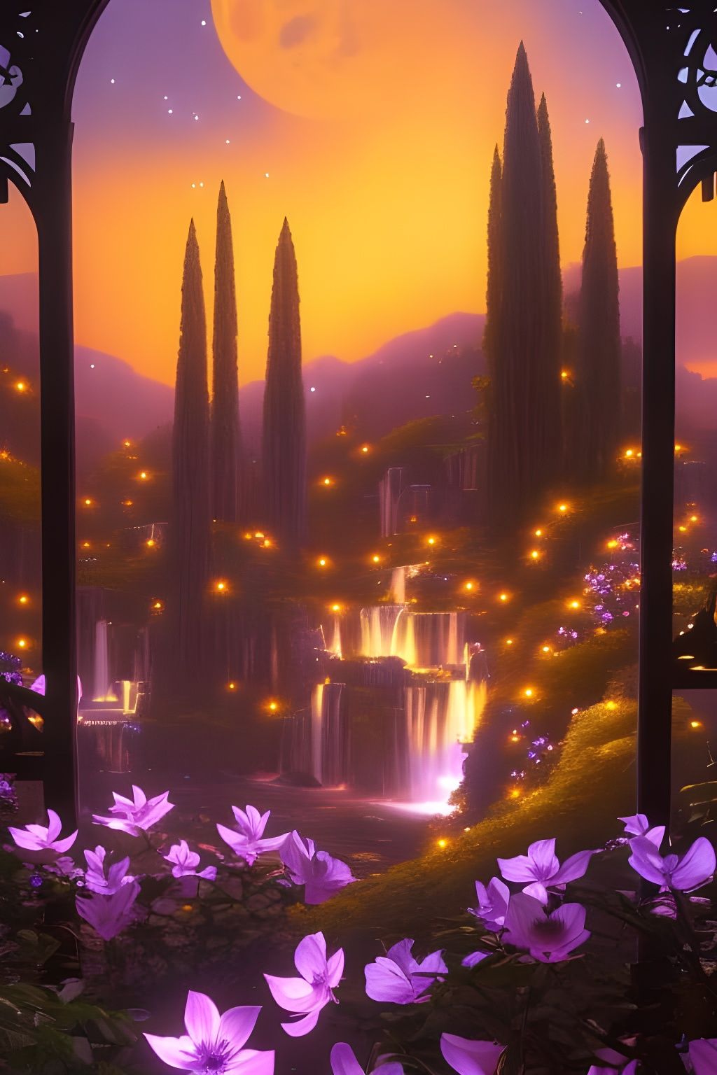 Cyberpunk Nightscape with Glowing Flowers and Waterfall