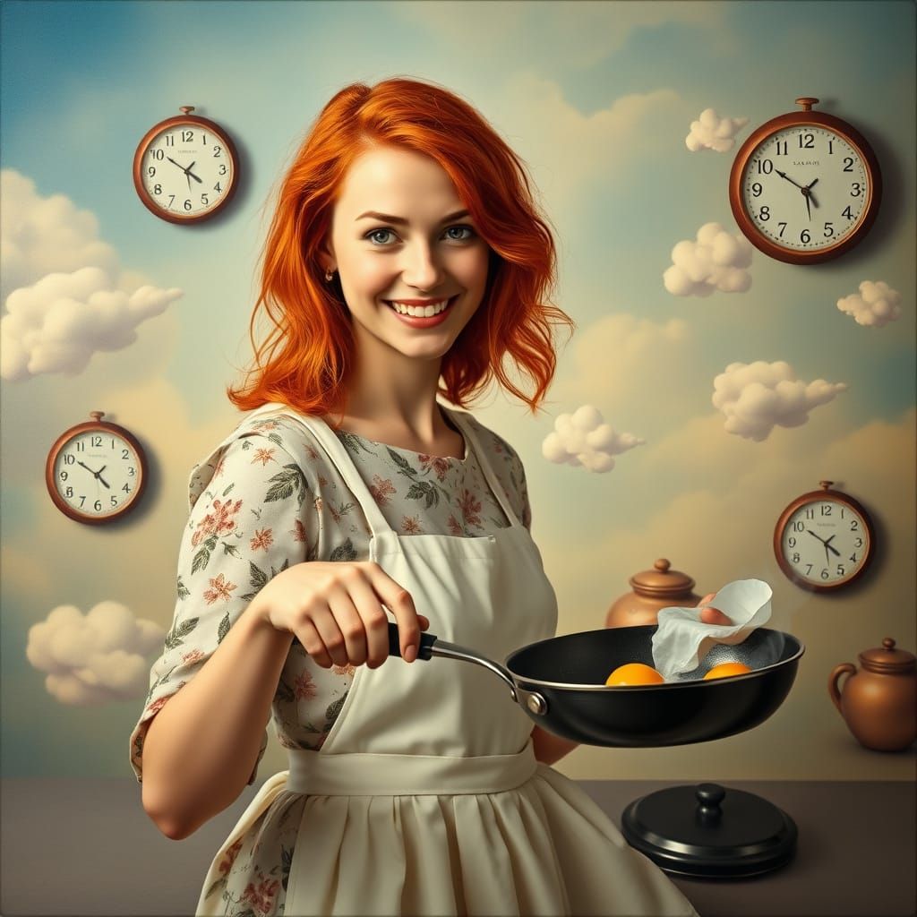 Rosy Cheeked Young Woman Cooking in Dreamlike Heavenly Kitch...
