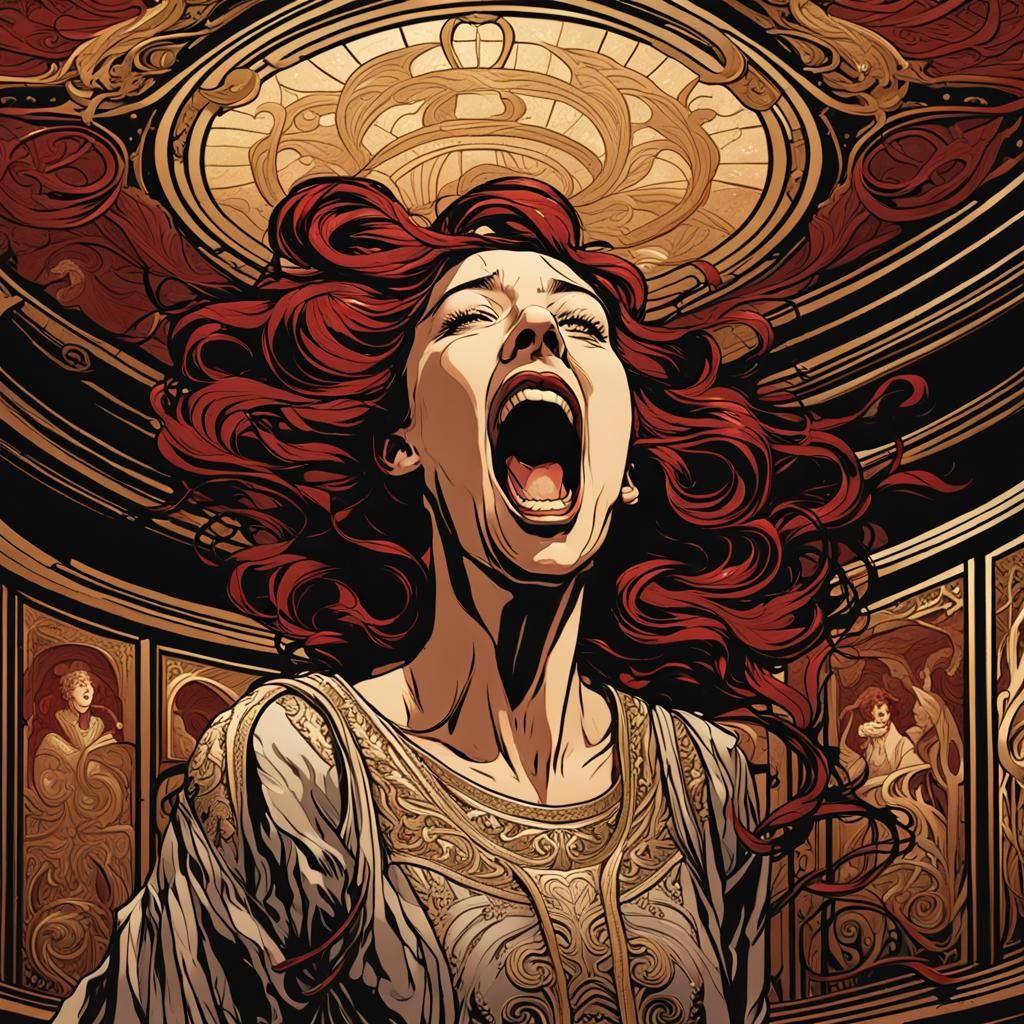 Art Nouveau Woman Screaming in Ornate Room
