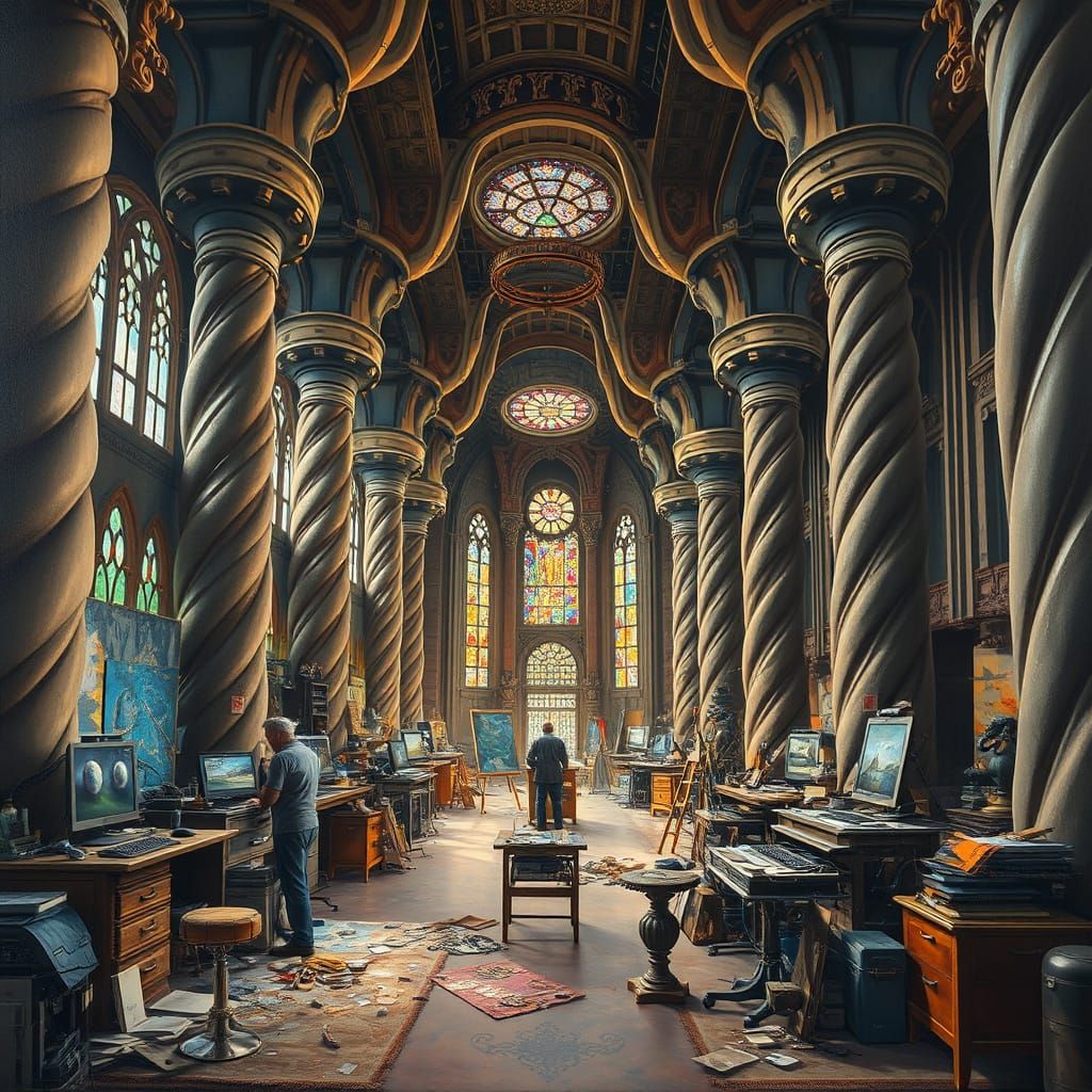 Epic Artist Studio with Alien Creatures, Digital Oil Paintin...