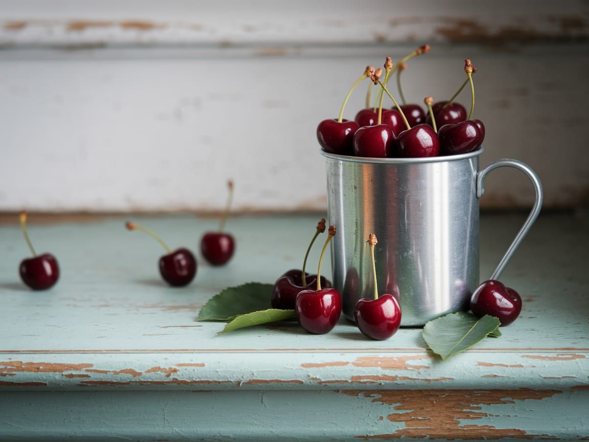 Vintage Cherries in Rustic Metal Cup on Weathered Wood