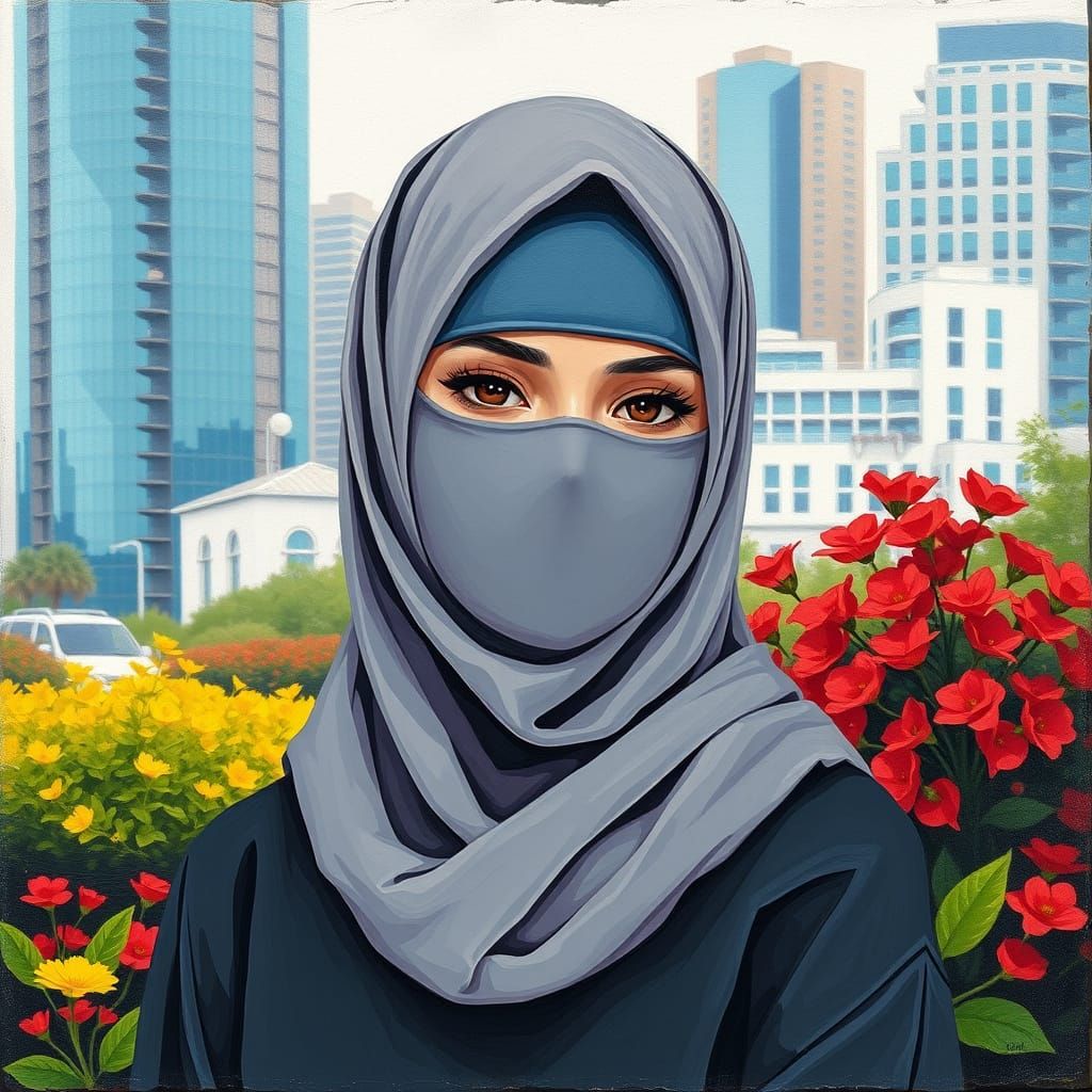 Minimalist Painting of Niqabi Woman in Modern City Garden
