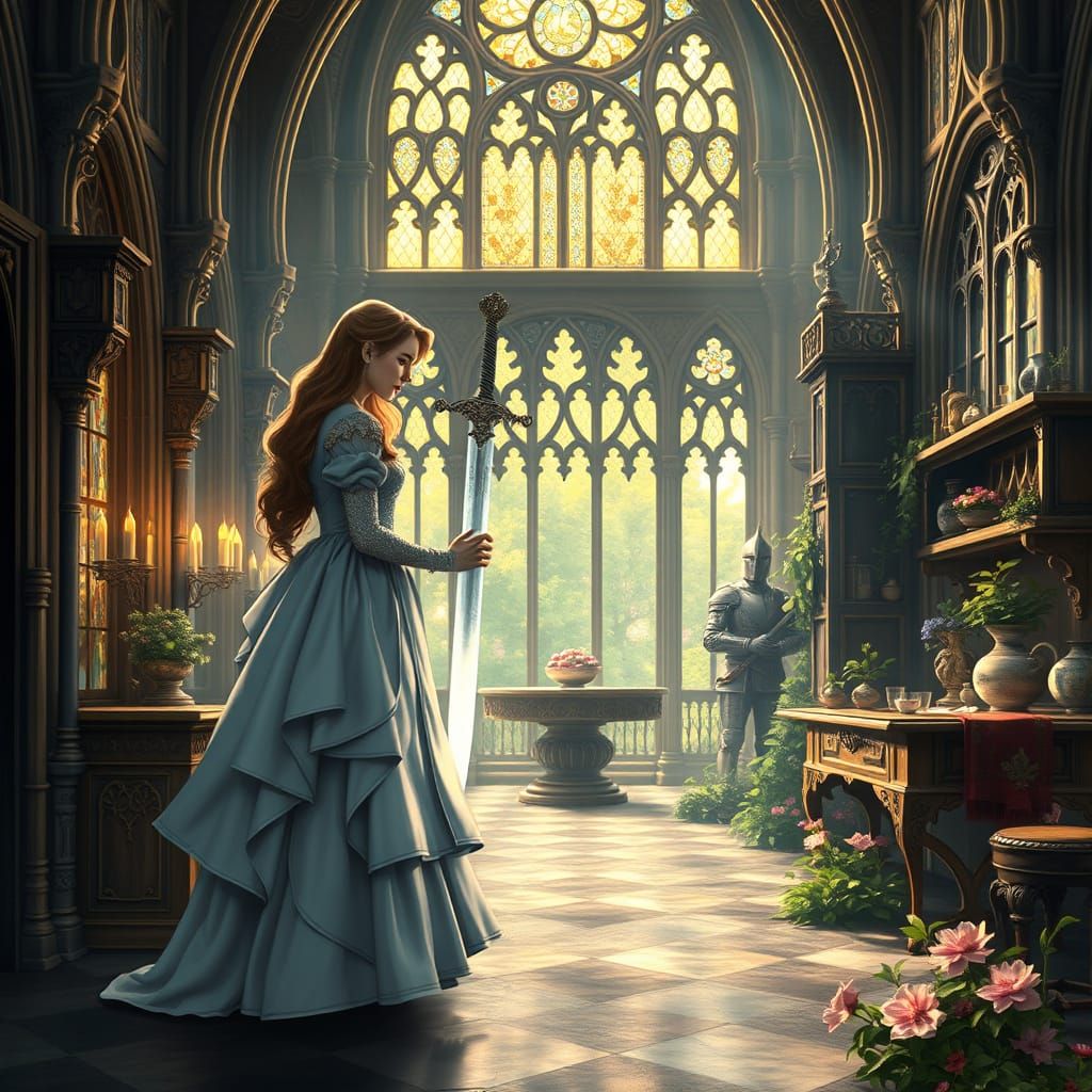 Gothic Wonderland Scene with Majestic Sword and Lush Garden