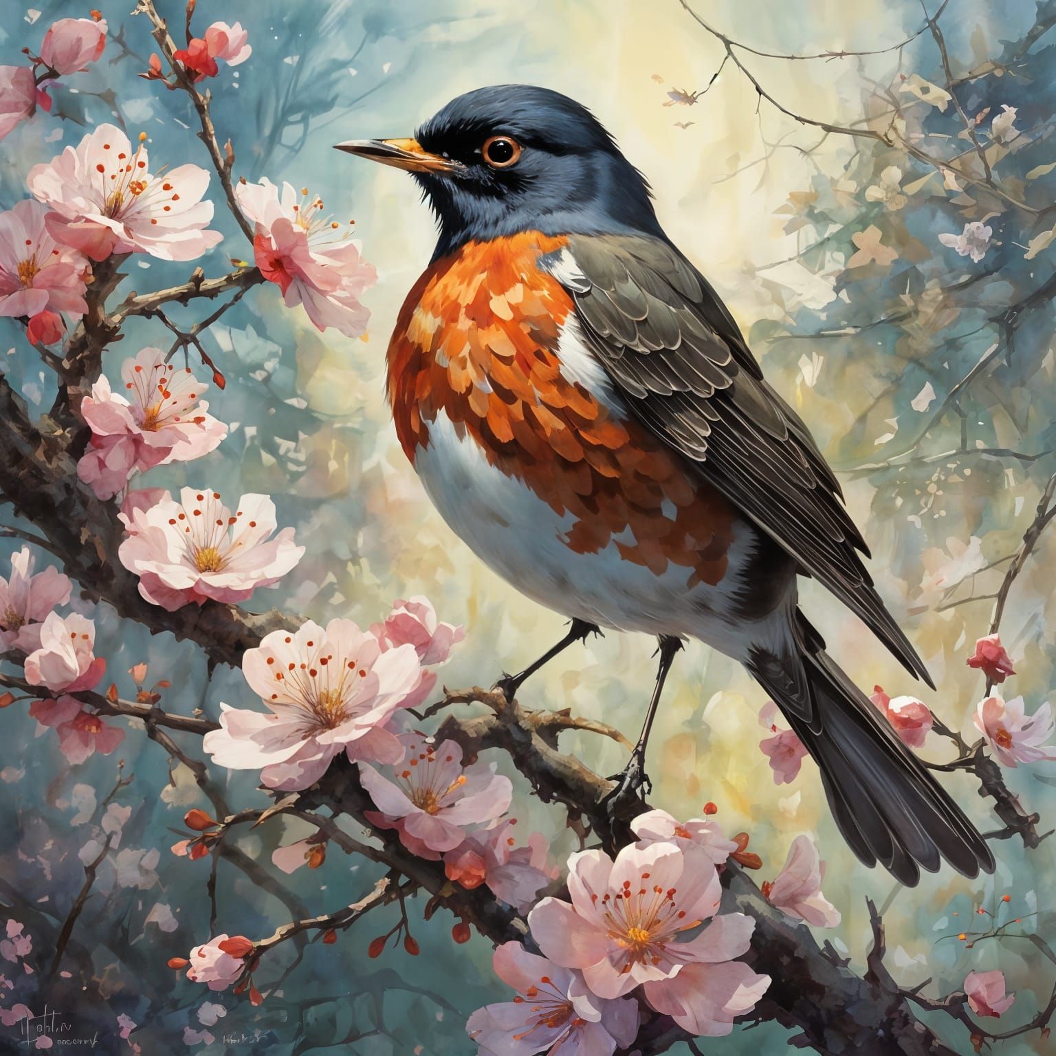 Whimsical American Robin in Vibrant Spring Bloom