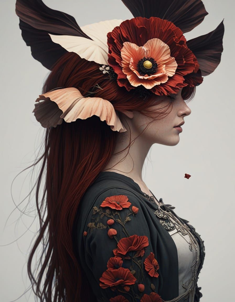 Fantastical Redheaded Girl with Poppies in Her Hair