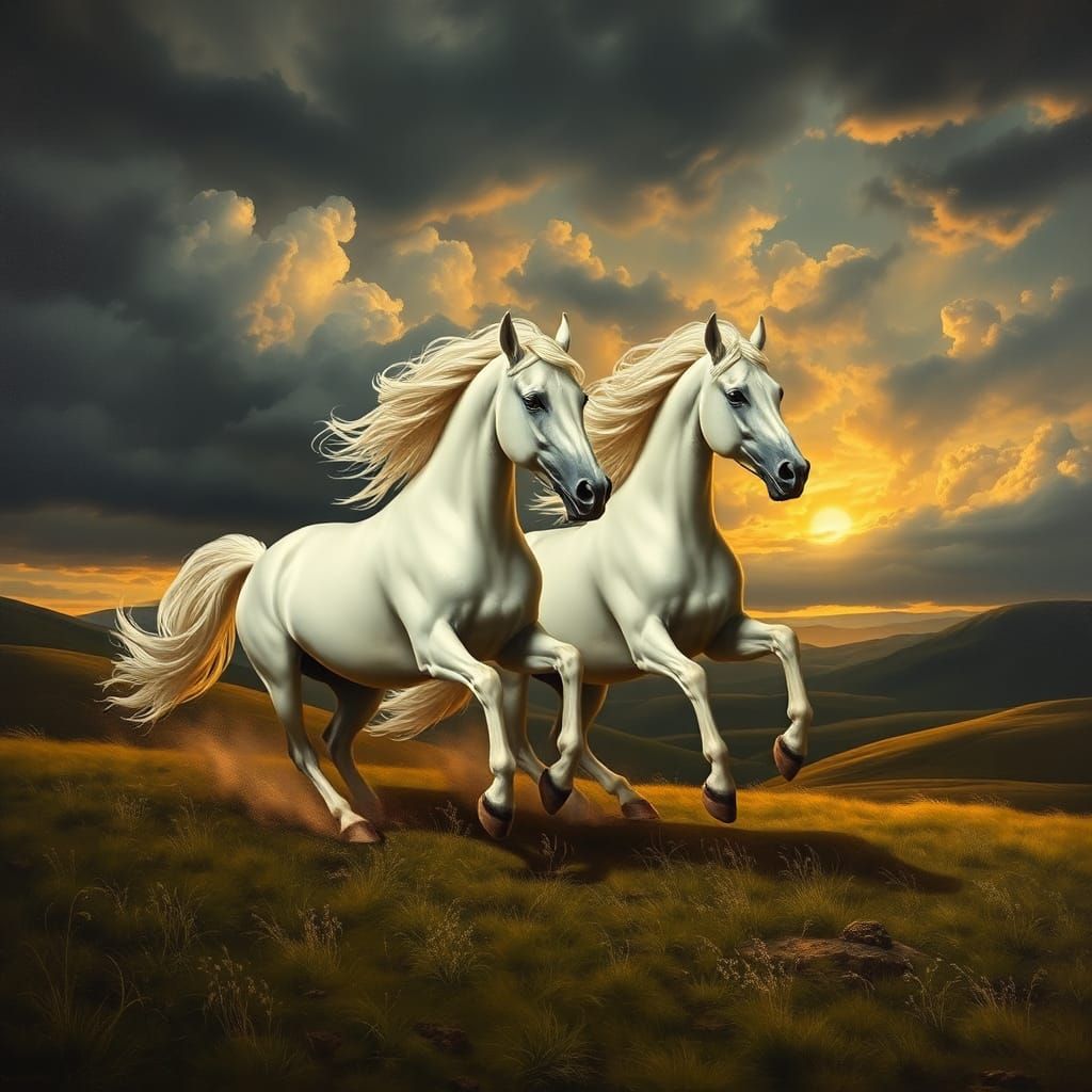 White Horses Galloping Under a Turbulent Sky