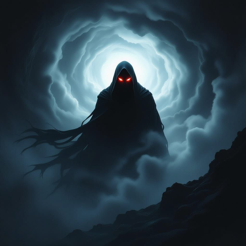 Menacing Shadow Figure with Crimson Eyes in Dark Fantasy Sty...