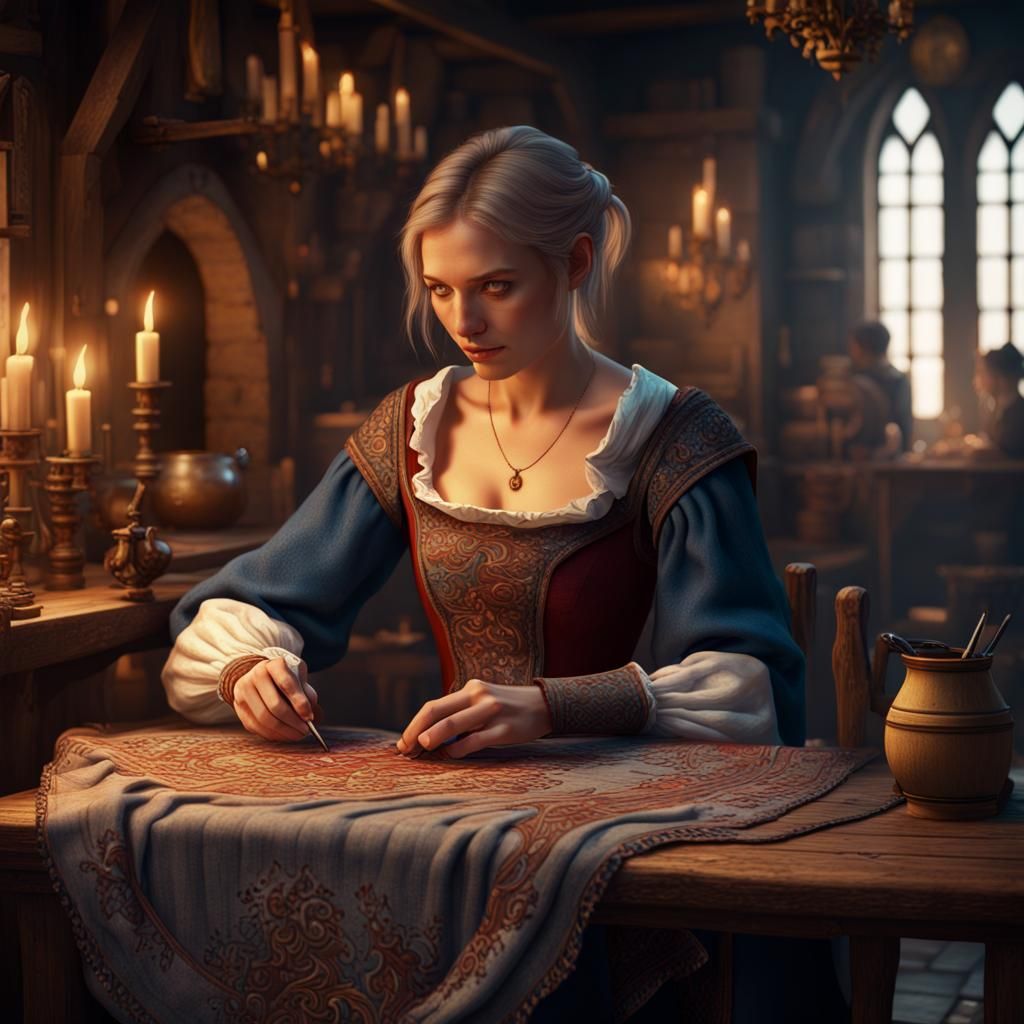 Medieval Lady Embroidering Scarf: Detailed Matte Painting