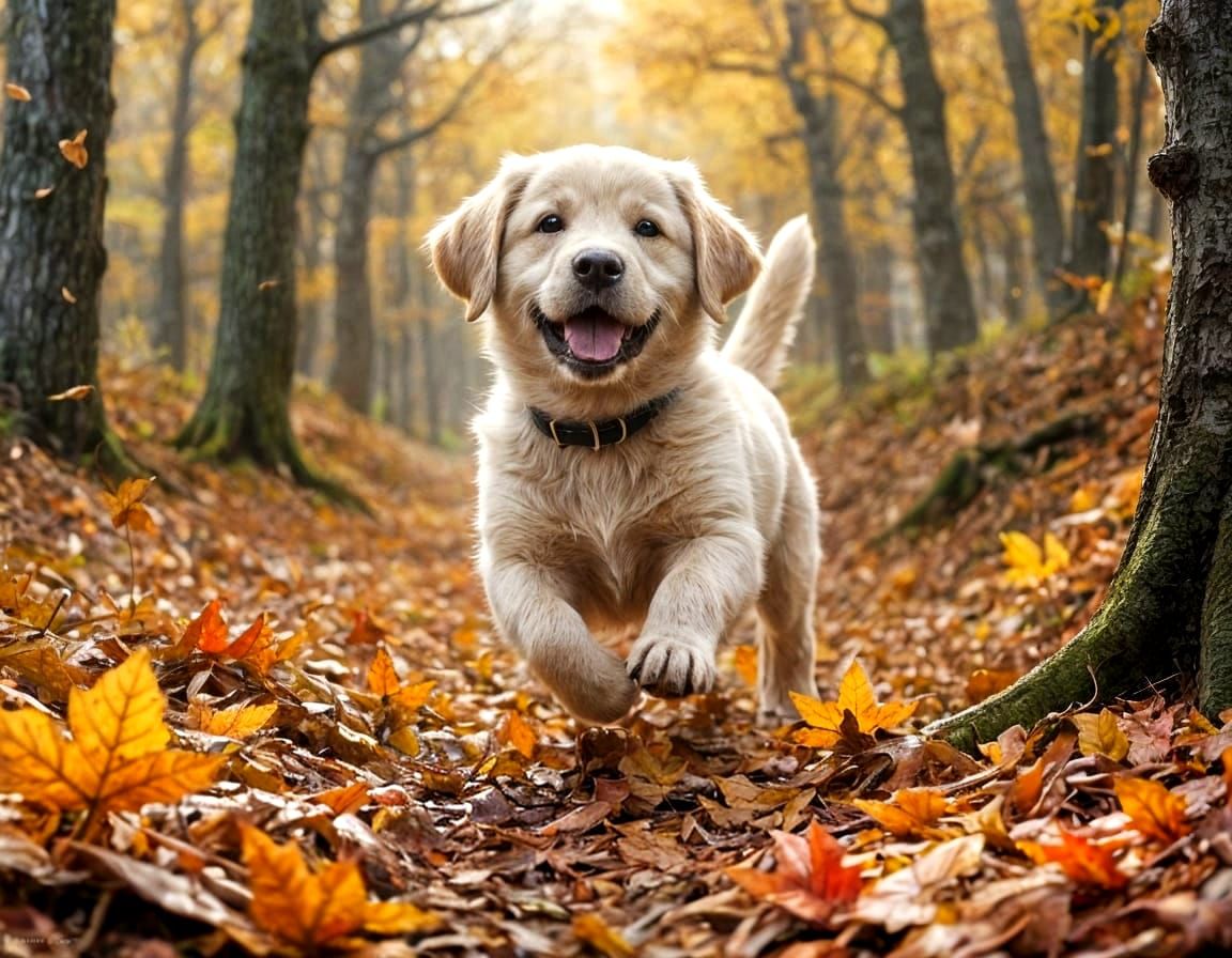 Fluffy Labrador Puppy Chasing Autumn Leaves in Woods