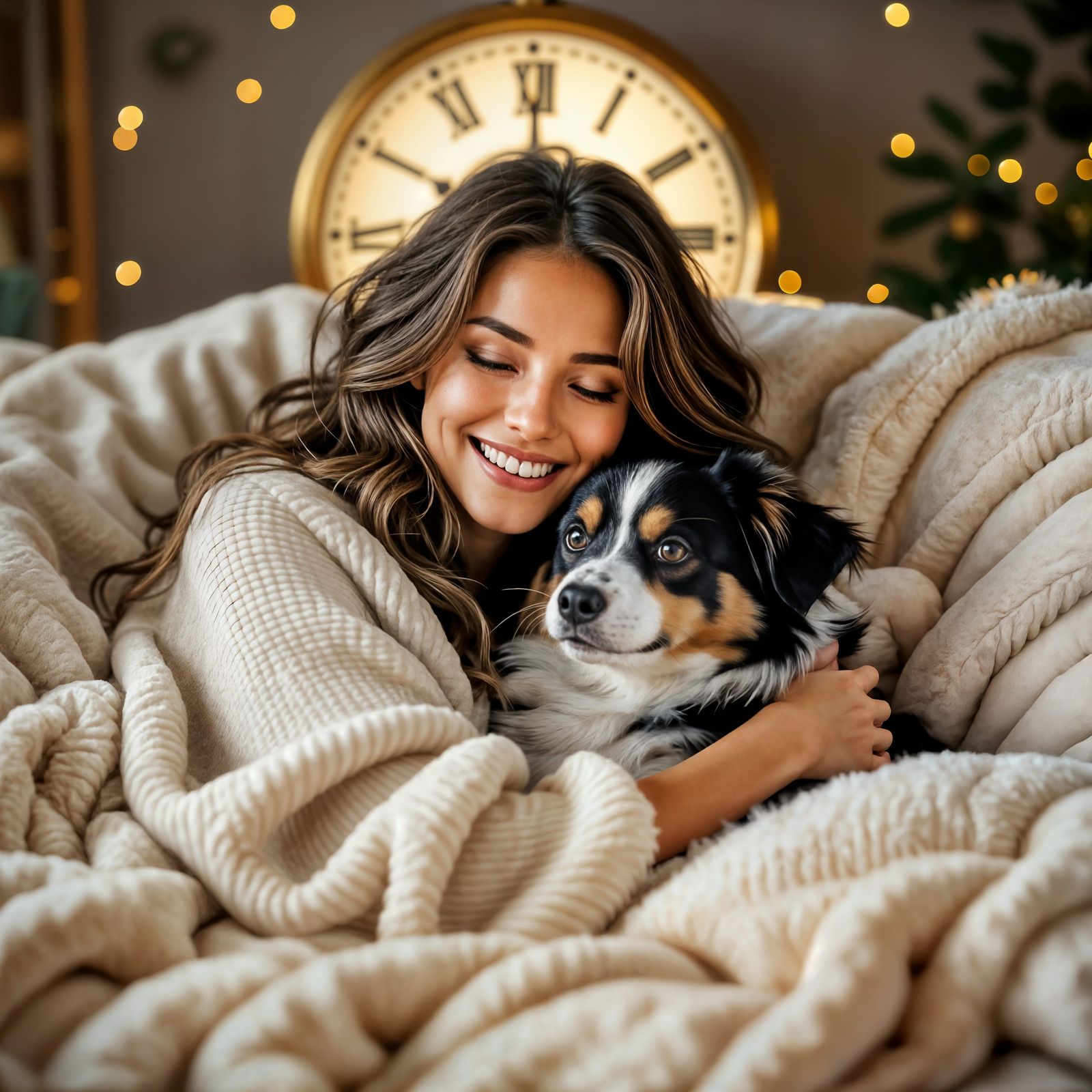 Cozy New Year's Eve with Woman and Dog