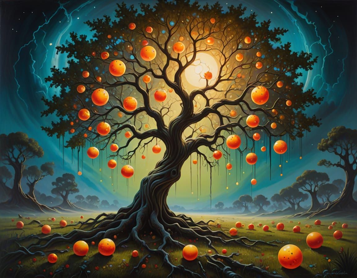 Dreamlike Tree Blooms with Glowing Orbs in a Vibrant, Surrea...