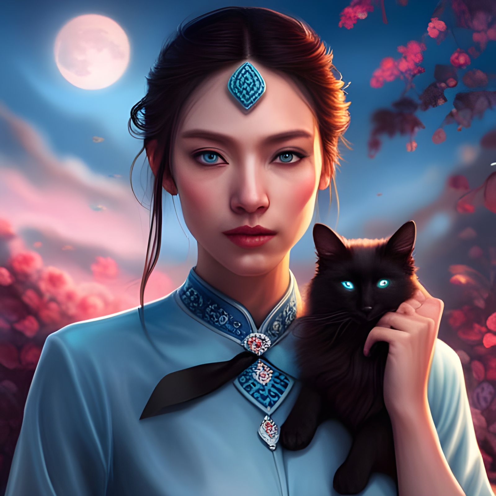 Chinese Woman with Cat in Digital Art Style