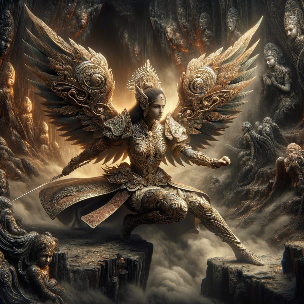Angel Warrior in Dark Rock Labyrinth