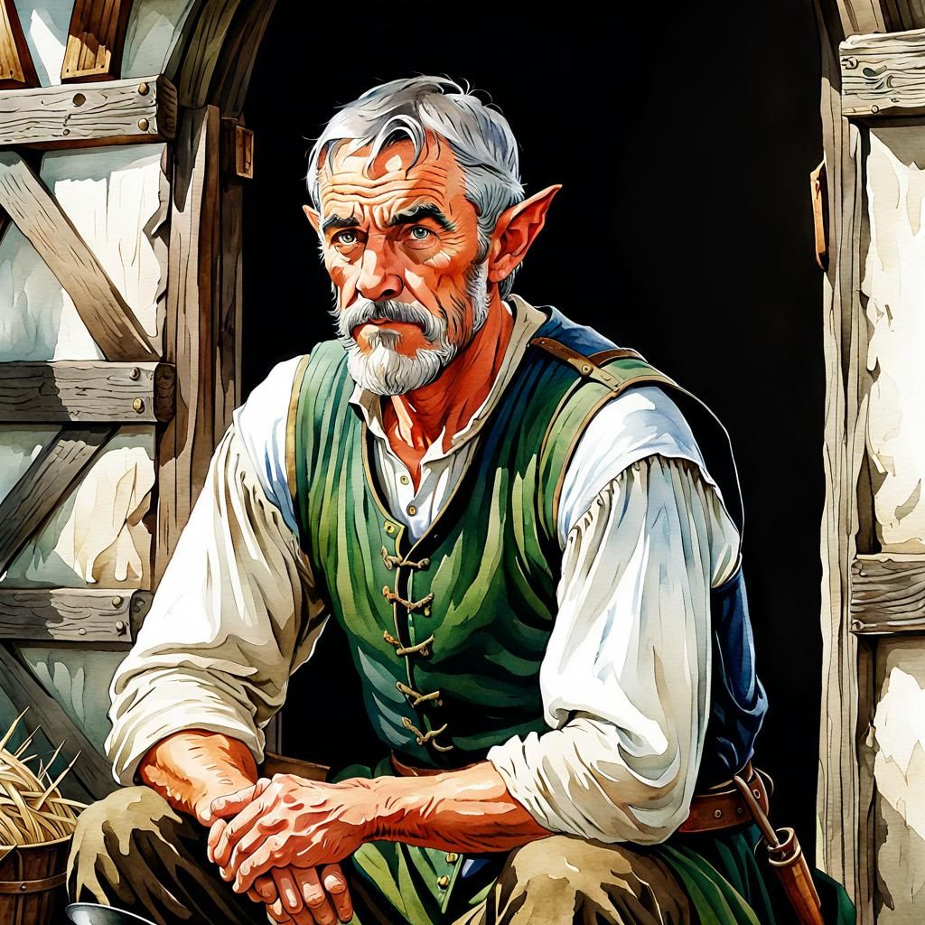 Elf Farmer Portrait in Watercolor Style