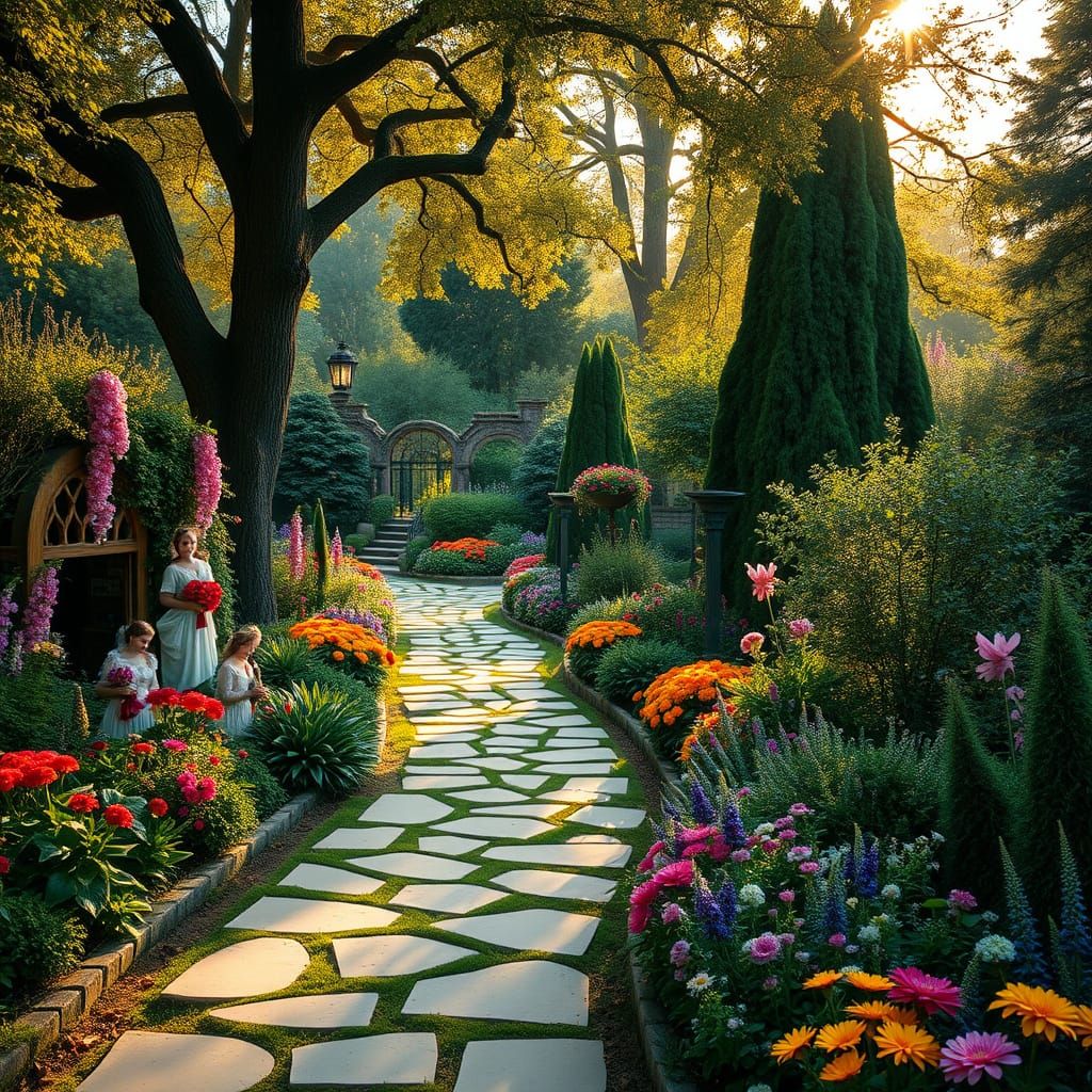 Victorian Garden Scene in Whimsical Style