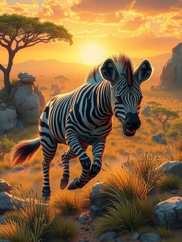 Zebra-Hyena Hybrid in Lush Savannah, Digital Art