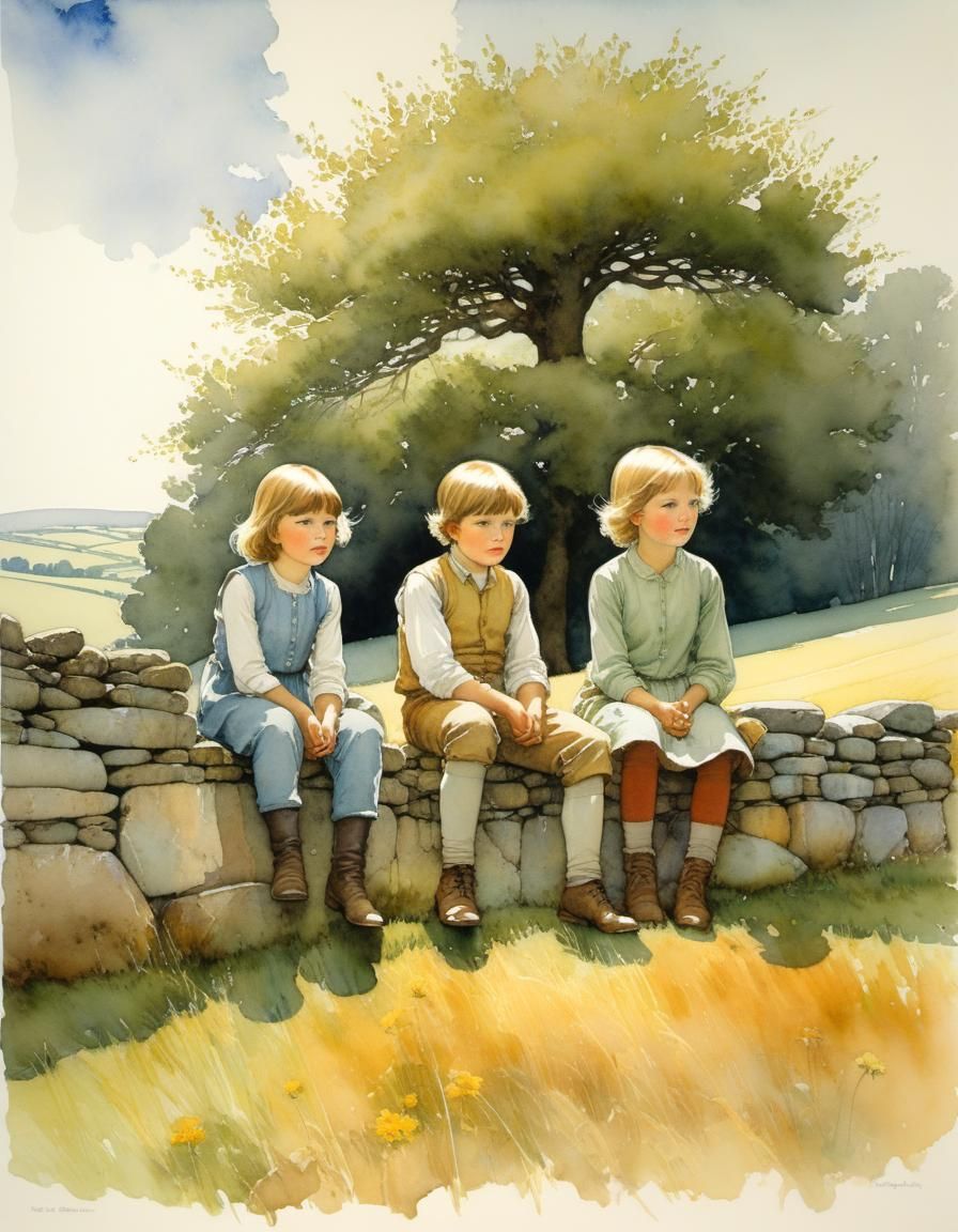 Three Siblings Sit Together on a Low Stone Wall in a Whimsic...