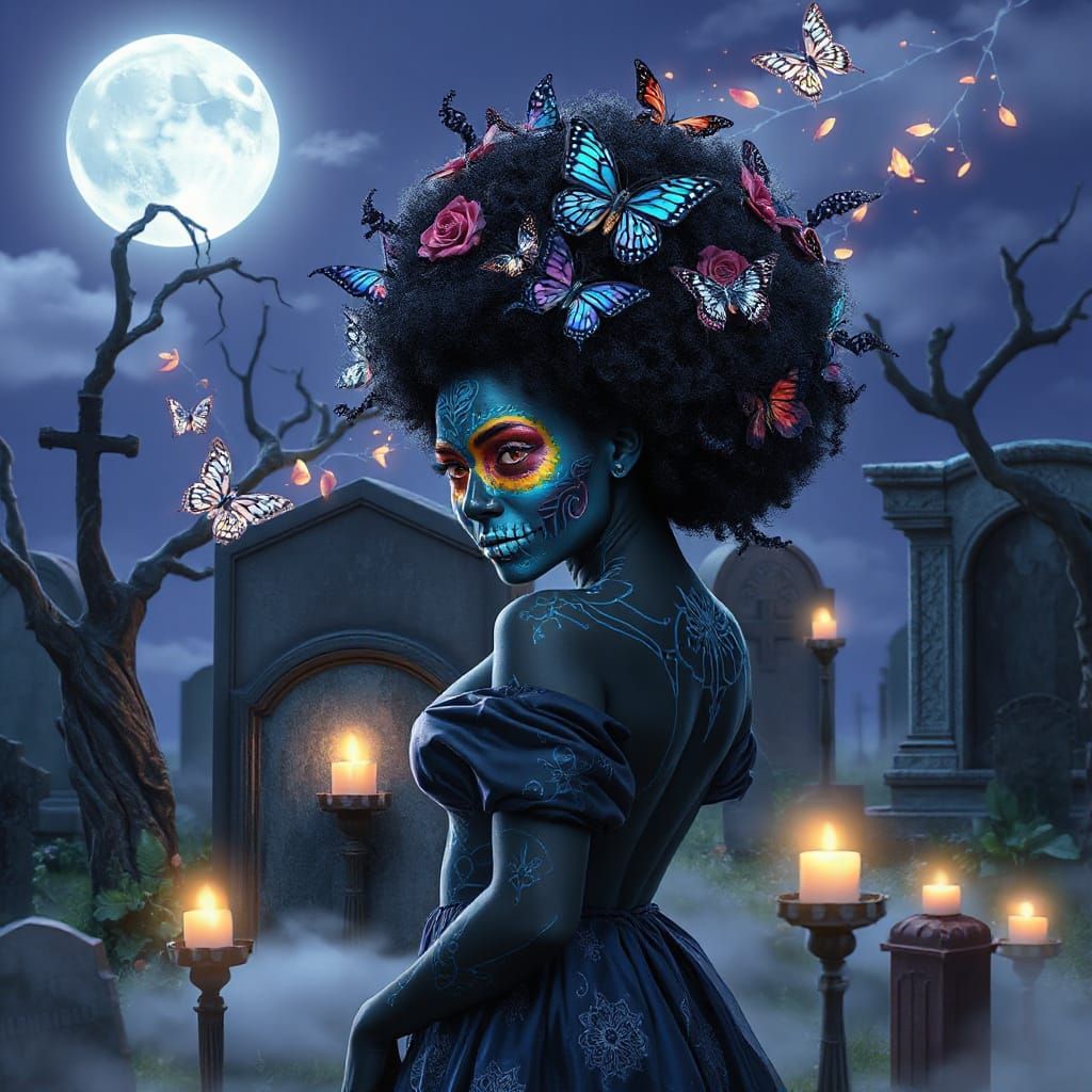 Ebony Goddess in Moonlit Cemetery with Día de los Muertos Bo...