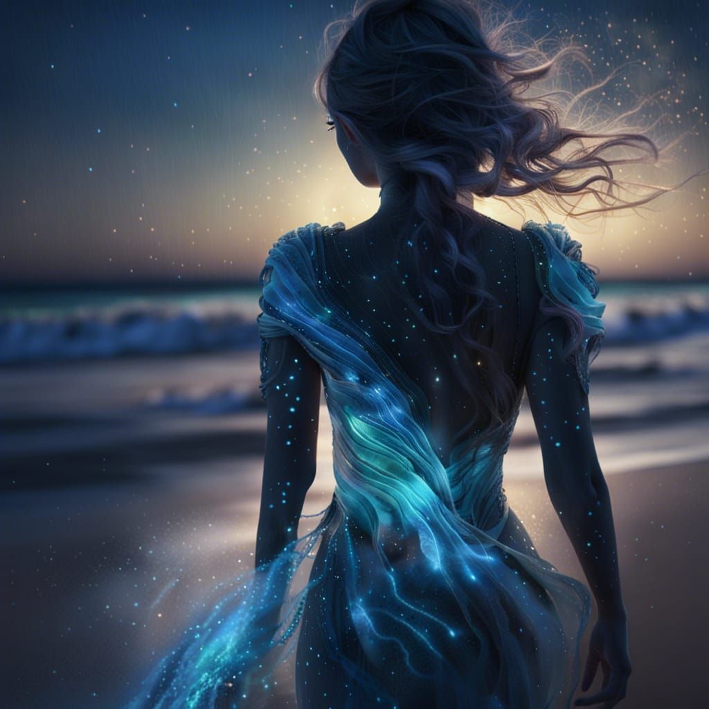 Celestial Woman Walking on Starry Beach at Midnight