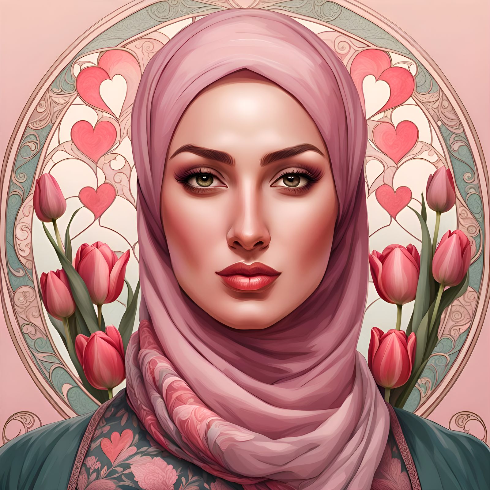 Beautiful Woman with Tulips, Art Nouveau Style